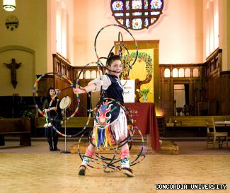 Marie-Céline Charron performs at the multi-faith celebration held in the Loyola Chapel on April 7. Morningstar of the Centre for Native Education looks on.